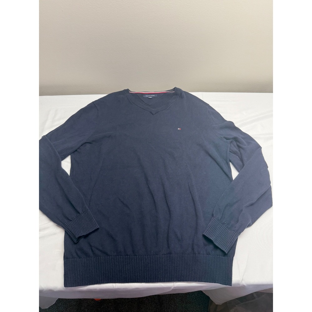 Tommy Hilfiger Mens XL Navy Blue V-Neck Cotton Knit Sweater‎ Classic Chic Preppy